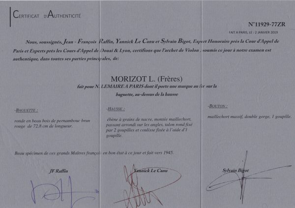 Violinbogen Morizot Zertifikat
