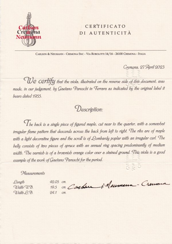 Viola_Gaetano Pareschi Ferrera 1955 Zertifikat Text