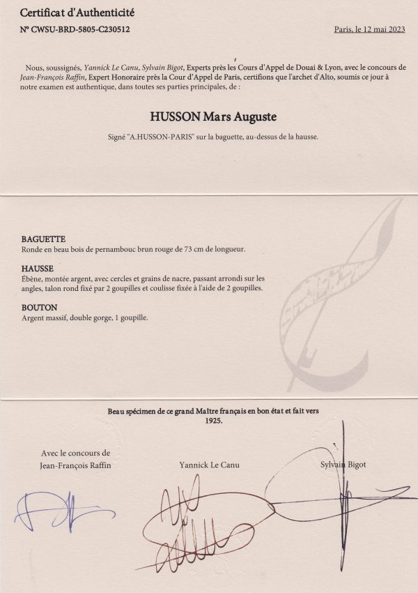 Violabogen, Mars Auguste Husson, Zertifikat