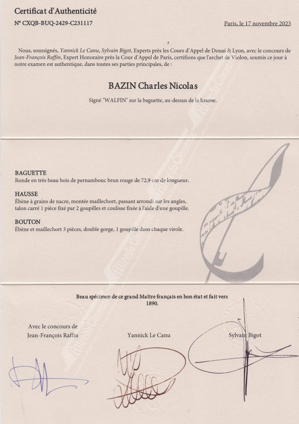 Violinbogen, Chaerles Nicolas Bazin, Zertifikat