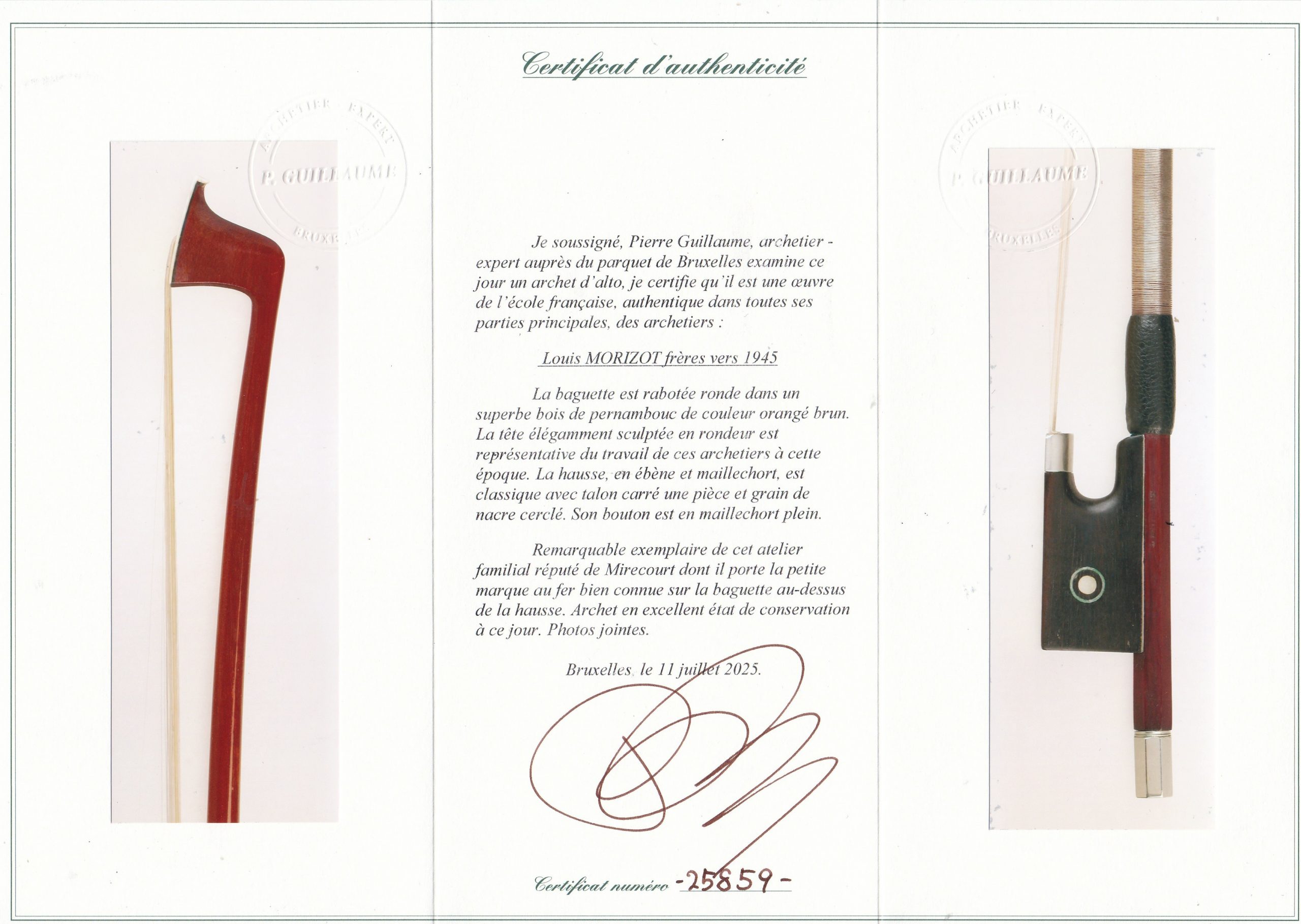 Violabogen, Bratschenbogen, L. Morizot, frères, Mirecourt, um 1950, Zertifikat